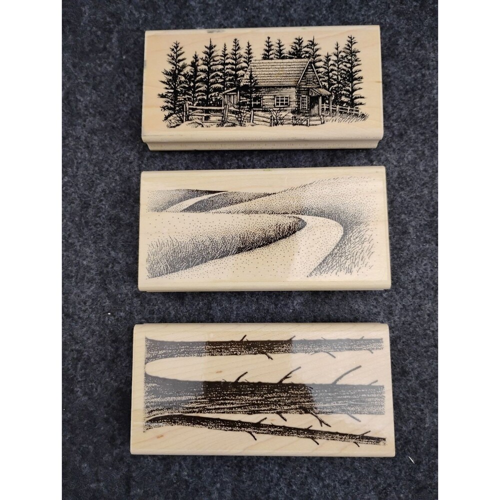 Stampscapes Rubber Stamp Lot of 3 Log Cabin Curved Path Road Tree Trunk